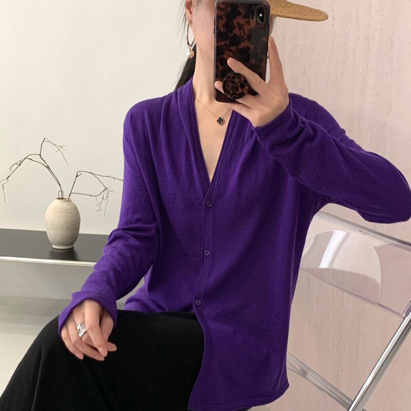 羊范高品质可机洗精纺超薄100%纯羊毛针织开衫女V领褶皱气质长袖