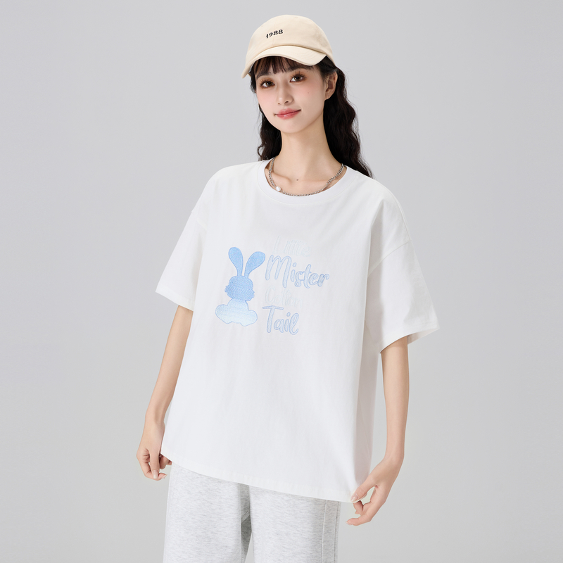 快鱼2025夏新款百搭舒适简约渐变兔子字母印花短袖女宽松显瘦T恤