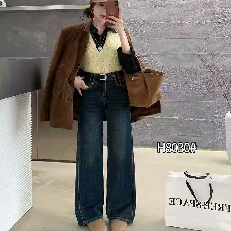 8030复古蓝加绒牛仔阔腿裤女秋冬磨白高腰垂感显瘦拖地裤