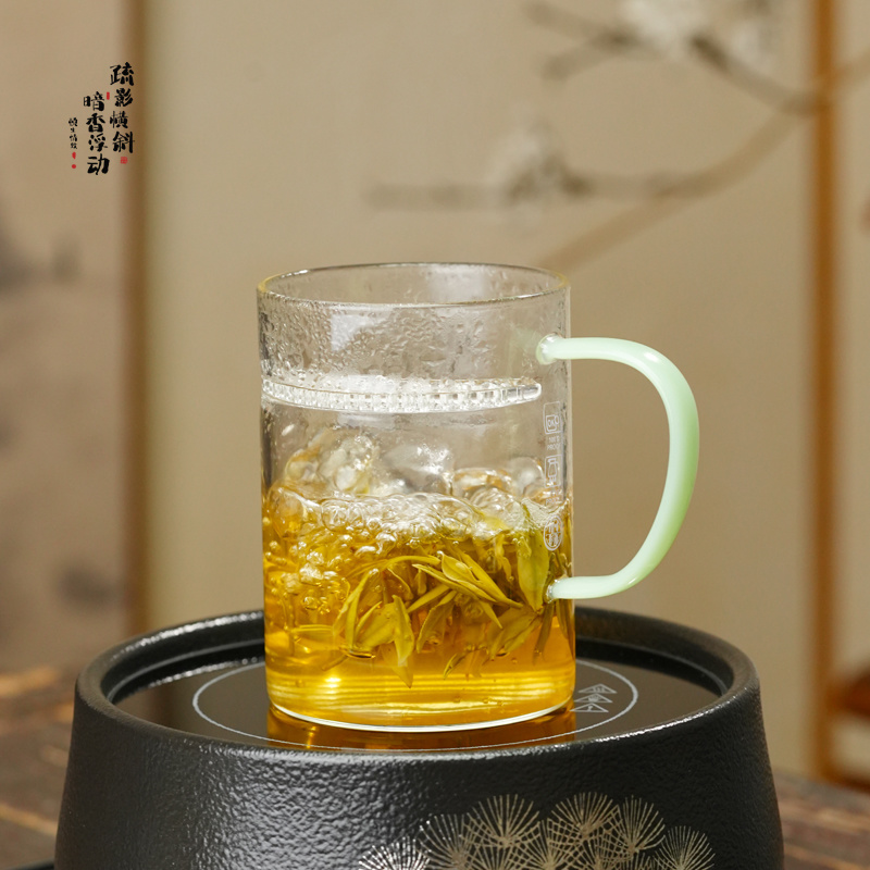高硼硅耐热玻璃家用绿茶杯可煮茶松风杯月牙过滤款