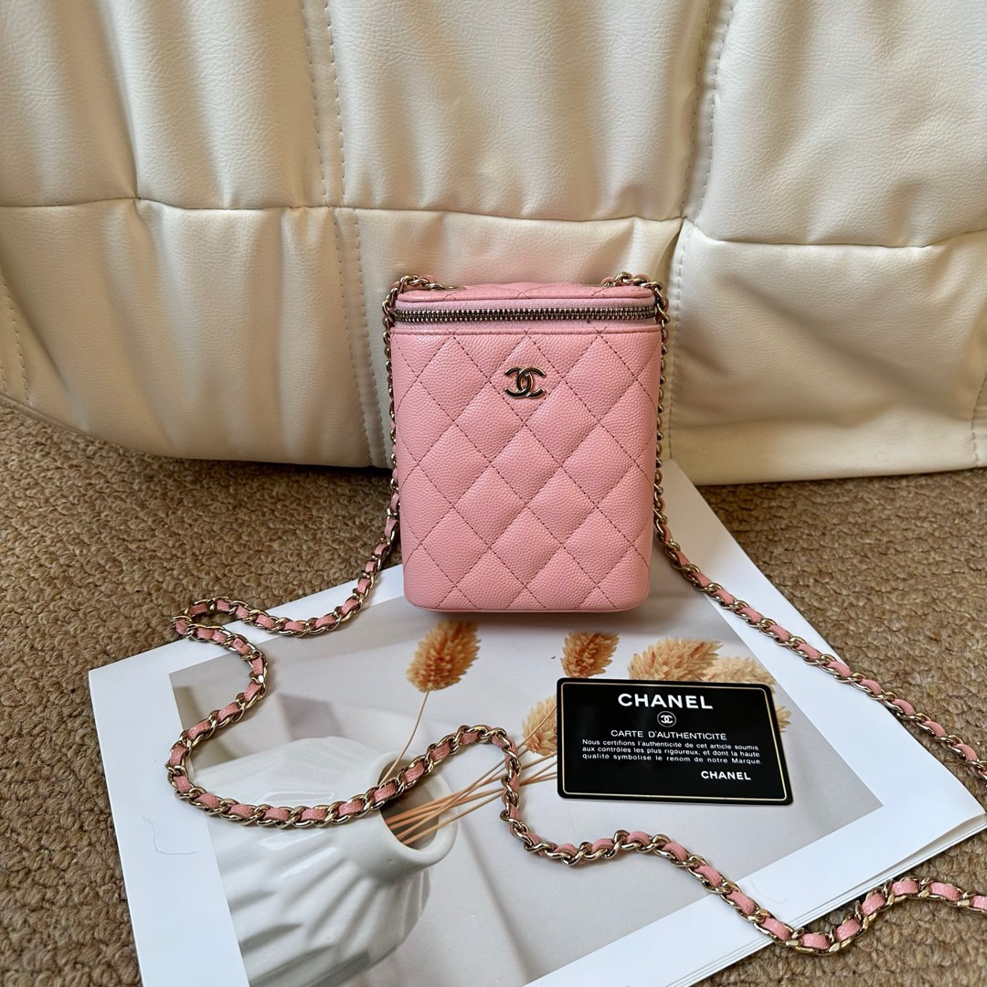 95新 Chanel/香奈儿 Chanel 粉金 荔枝牛 小烟盒化妆包/674990114