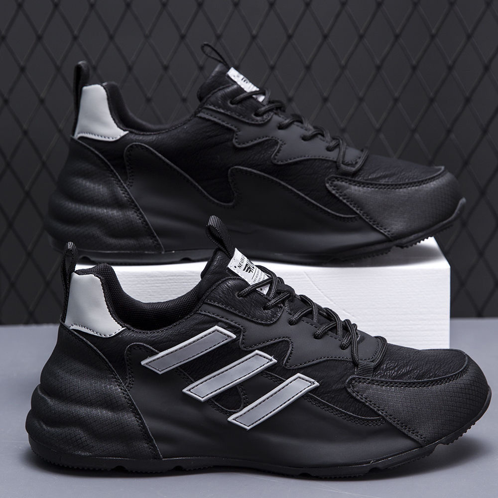 秋冬防滑男款男士休闲鞋男款男士运动鞋全皮面拼接系带黑色潮流