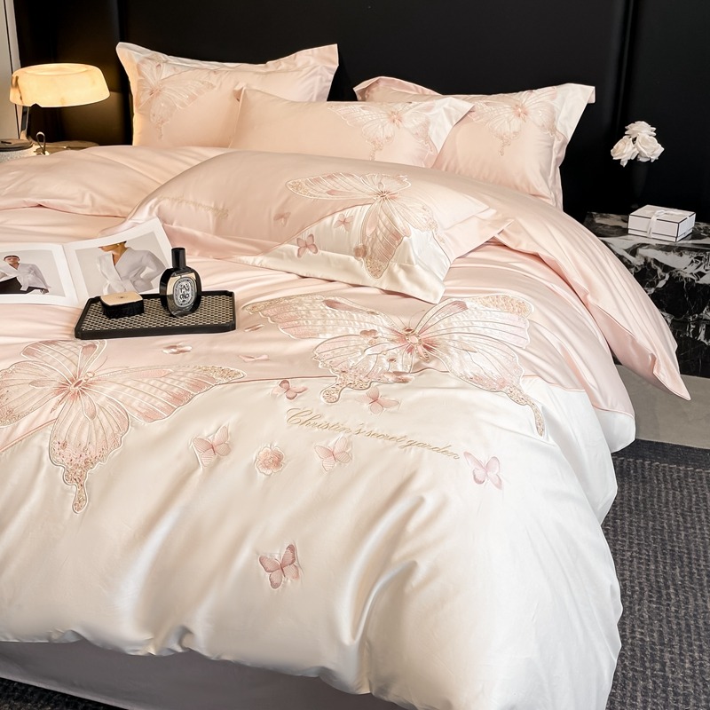 四季新款高端大气刺绣长绒棉花卉绣花四件套高档轻奢简约床品