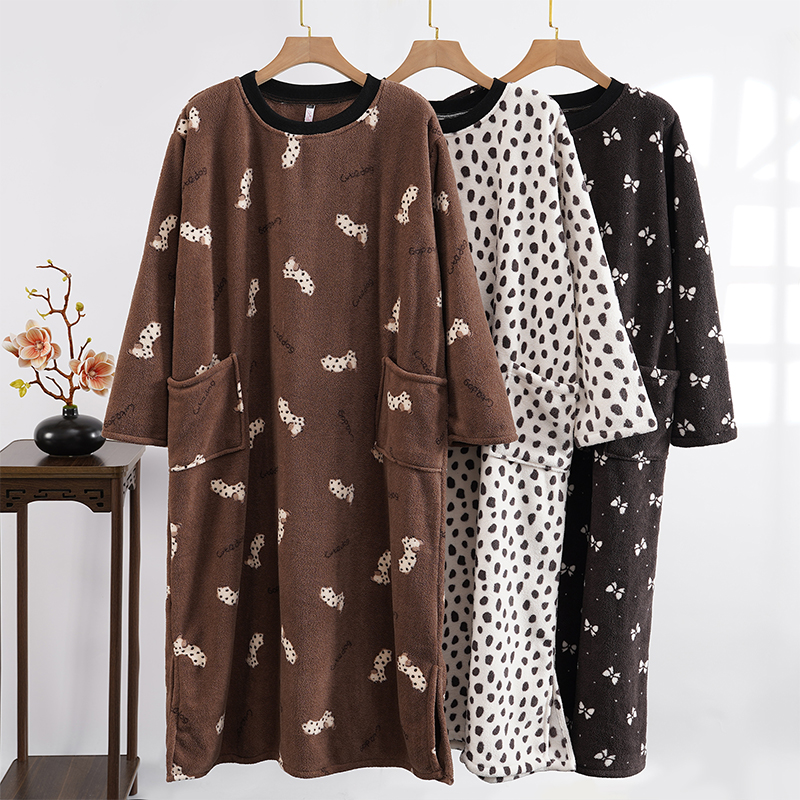 简约泡芙绒冬季睡裙加长款胖MM200斤加厚保暖宽松孕妇家居睡衣女