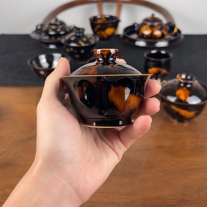 陶瓷玳瑁釉迷你二才元宝盖碗