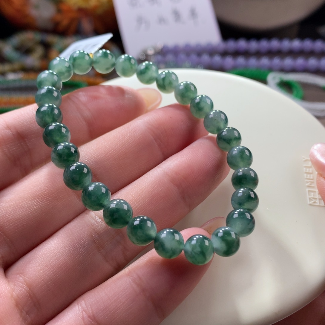 翡翠手链未镶嵌翡翠冰底水深水草绿卡6+