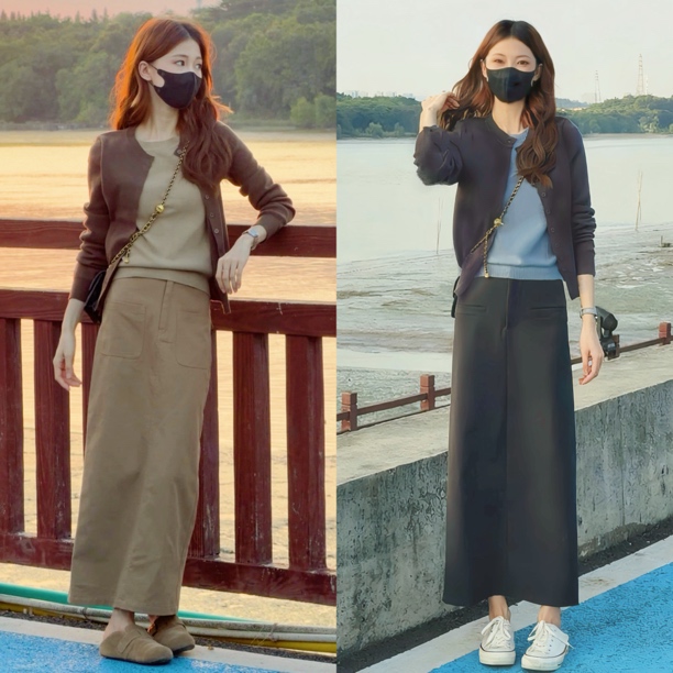 秋季新款韩系氛围感穿搭拼接假两件针织上衣半身裙两件套