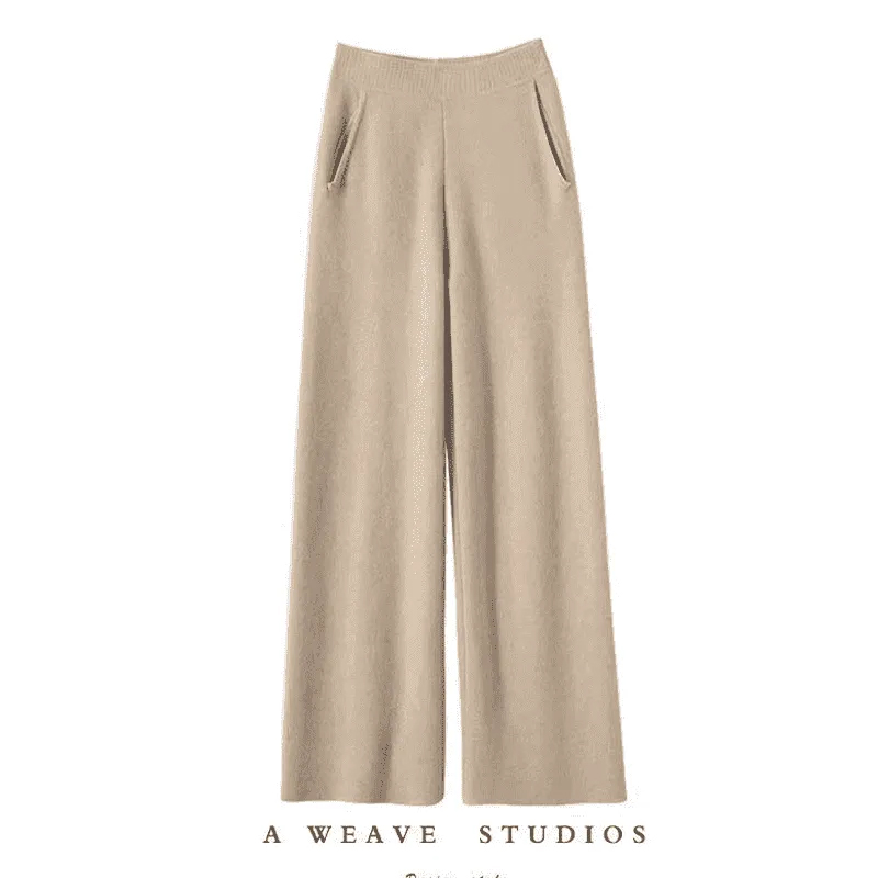 【平面带兜】正品羊绒裤高腰针织加厚宽松休闲长裤窄版直筒裤子