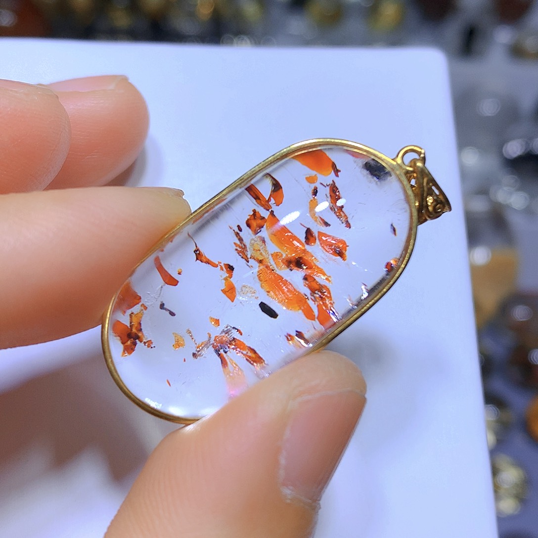 水晶吊坠银S925镀金镶嵌天然水晶