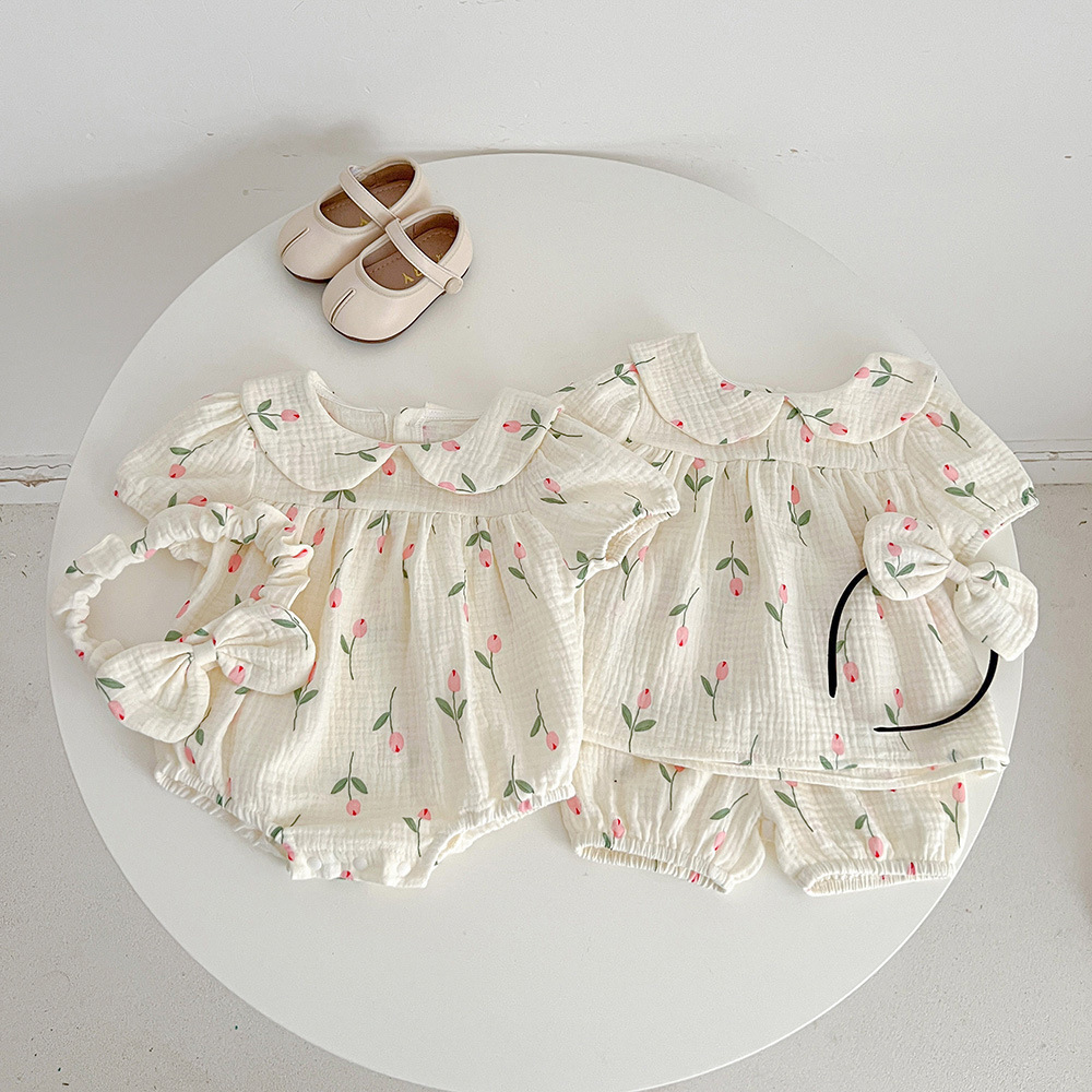 2025婴儿短袖包屁衣夏季纱布三角爬服连体衣女童郁金香套装姐妹装