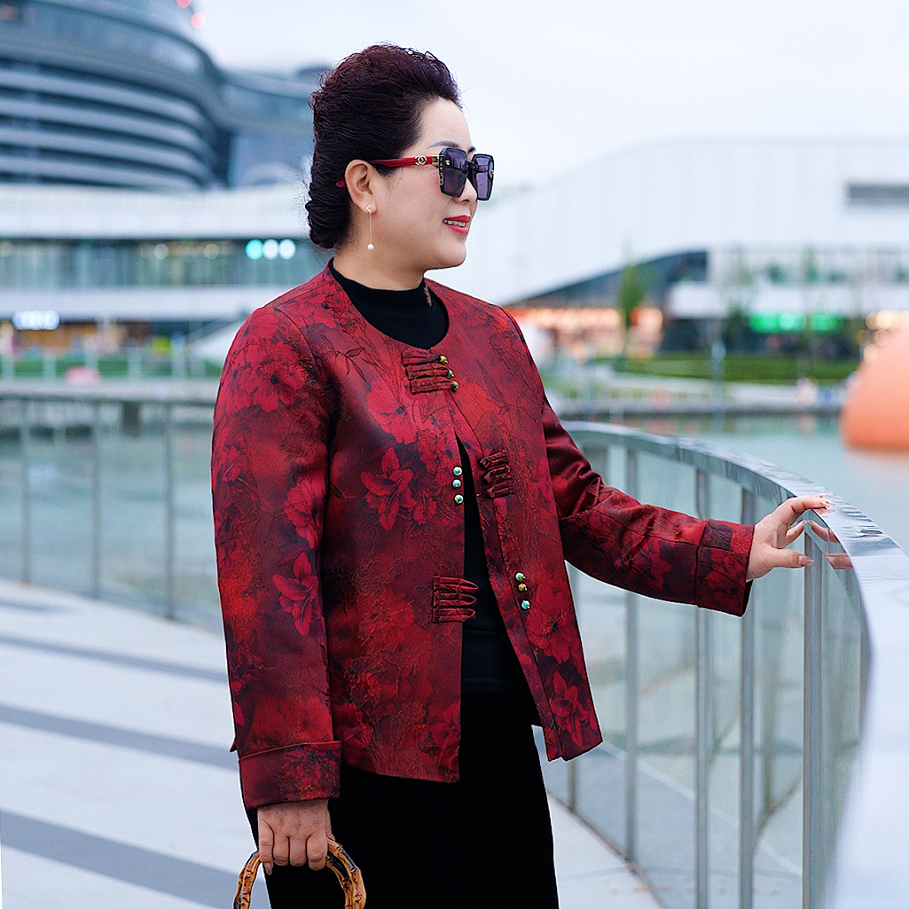 【红禧年】新中式印花提花中老年国风气质红色妈妈装加厚秋冬棉外套