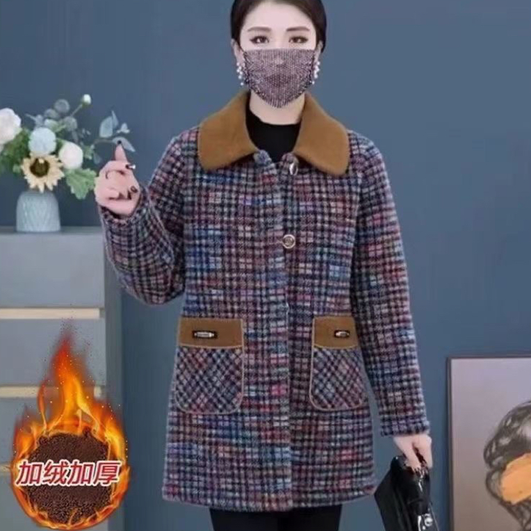 妈妈装冬季加绒保暖北极绒上衣外套女新款中长加厚贵妃绒洋气大衣