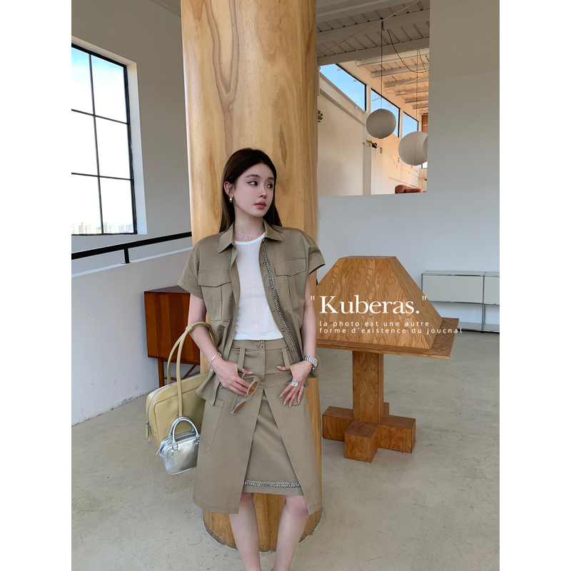 KUBERAS【暮野铃兰】小众复古设计感重工钉珠短袖衬衫+中长半身裙