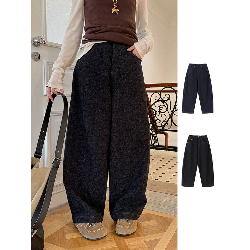 【茉舍】REREK廓型感休闲宽松加绒牛仔长裤R25D08228198-1169