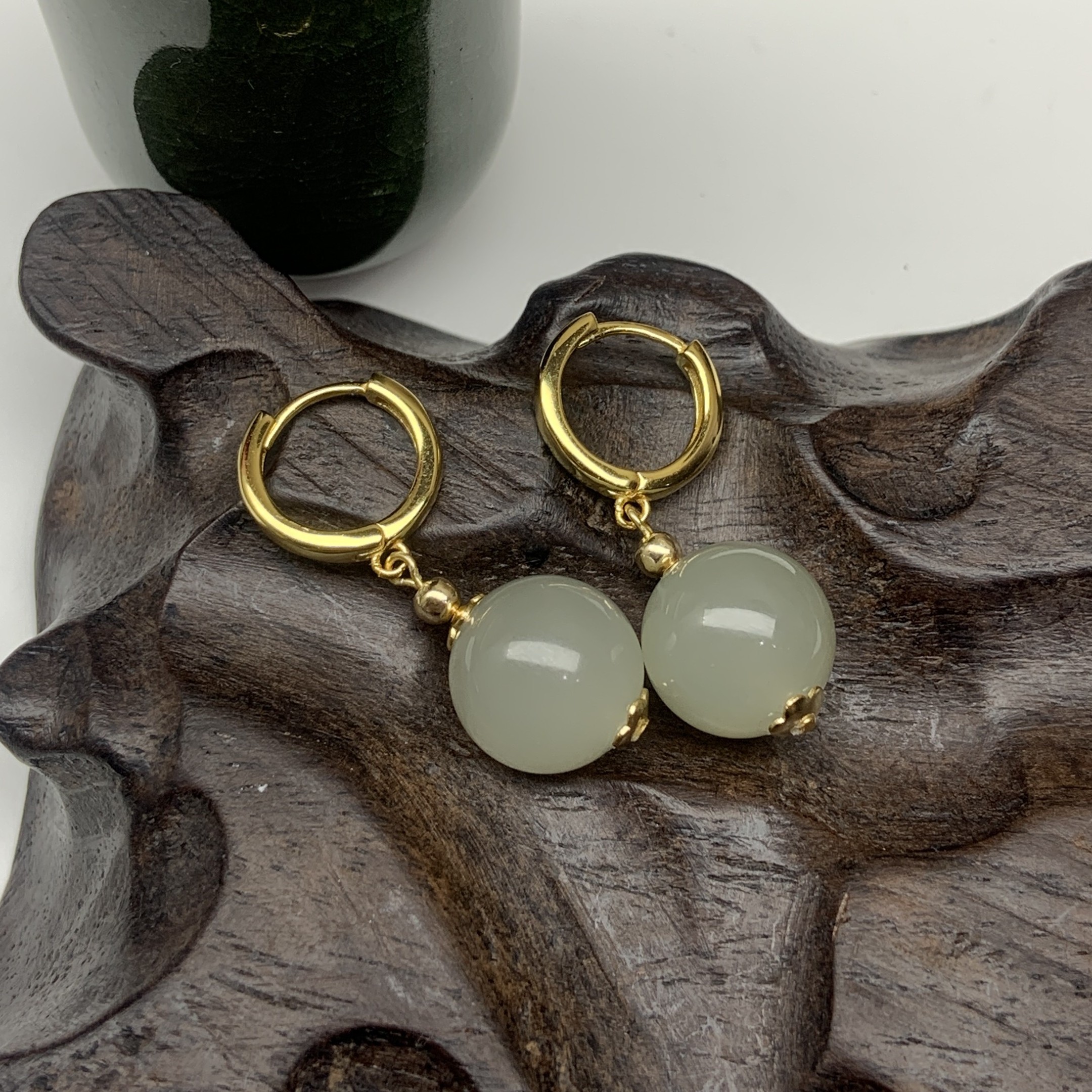 天然和田玉晴水耳环大圆珠耳饰