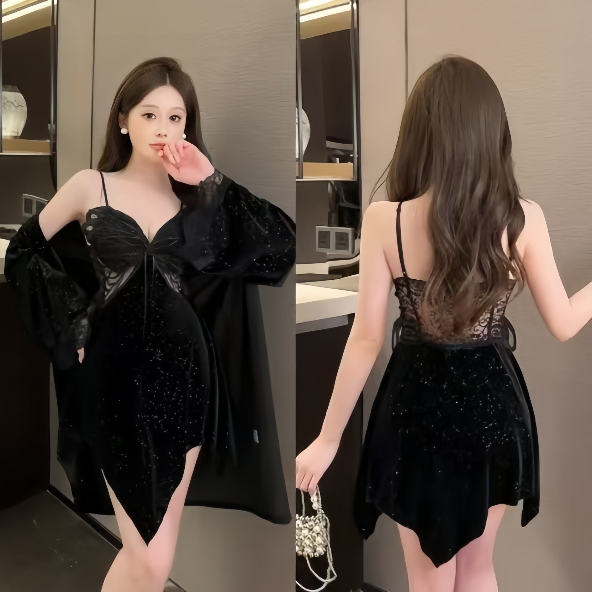 升级版星空蝴蝶星空闪闪睡衣金丝绒女士睡裙带胸垫性感女睡衣睡袍