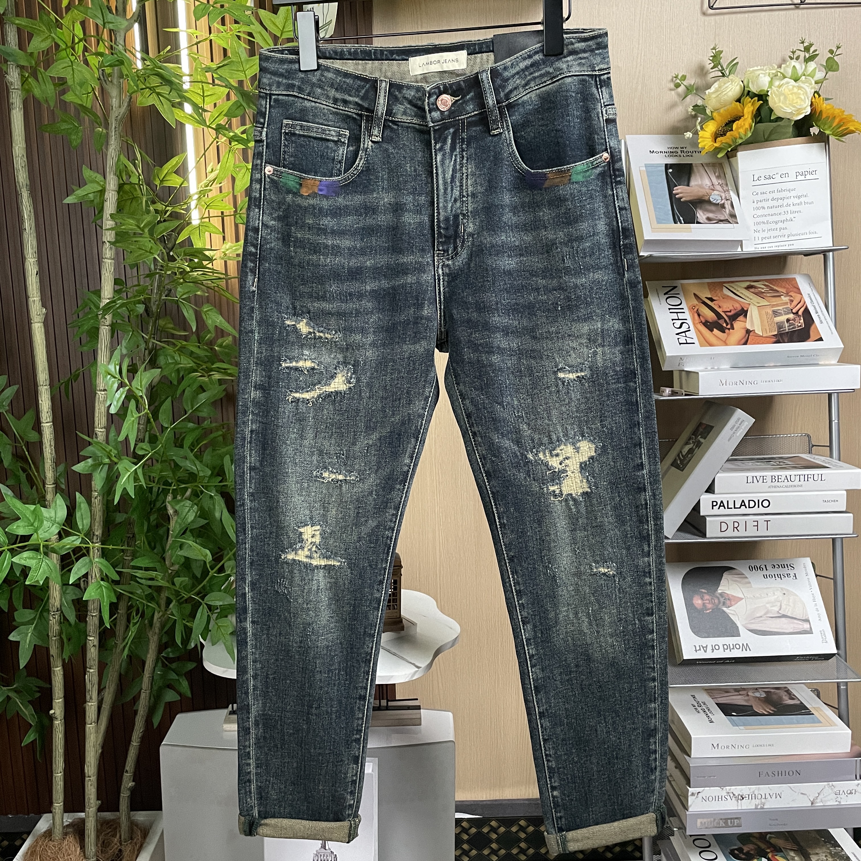 【修身小脚】痞帅秋季做旧蓝新款破洞泼漆修身牛仔裤弹力休闲裤子男