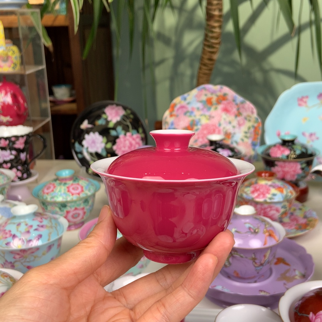 胭脂红元宝盖碗手工手绘