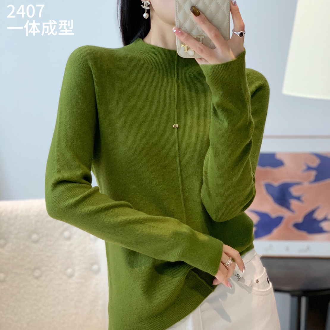 2407 B字纯色设计感时尚百搭长袖无缝羊毛一线成衣打底衫