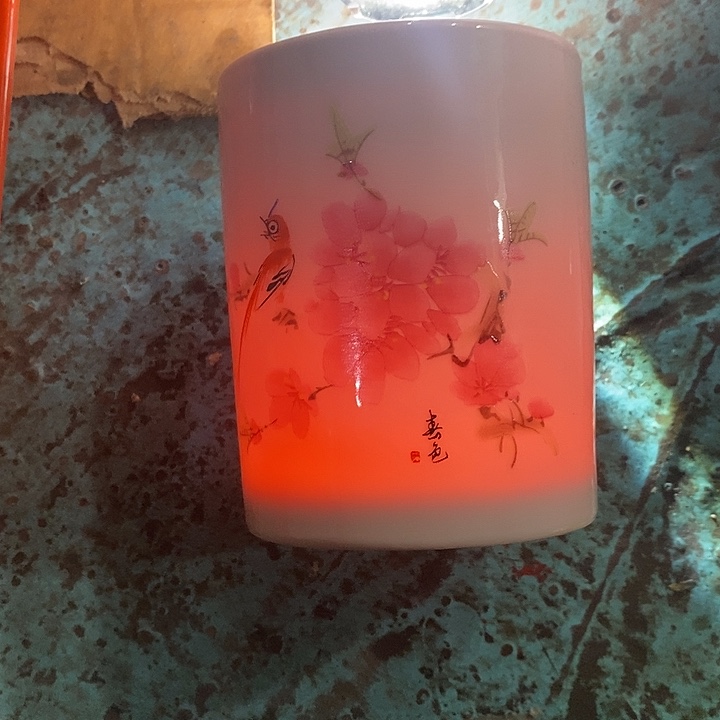 摆件陶红稀土水点桃花笔筒