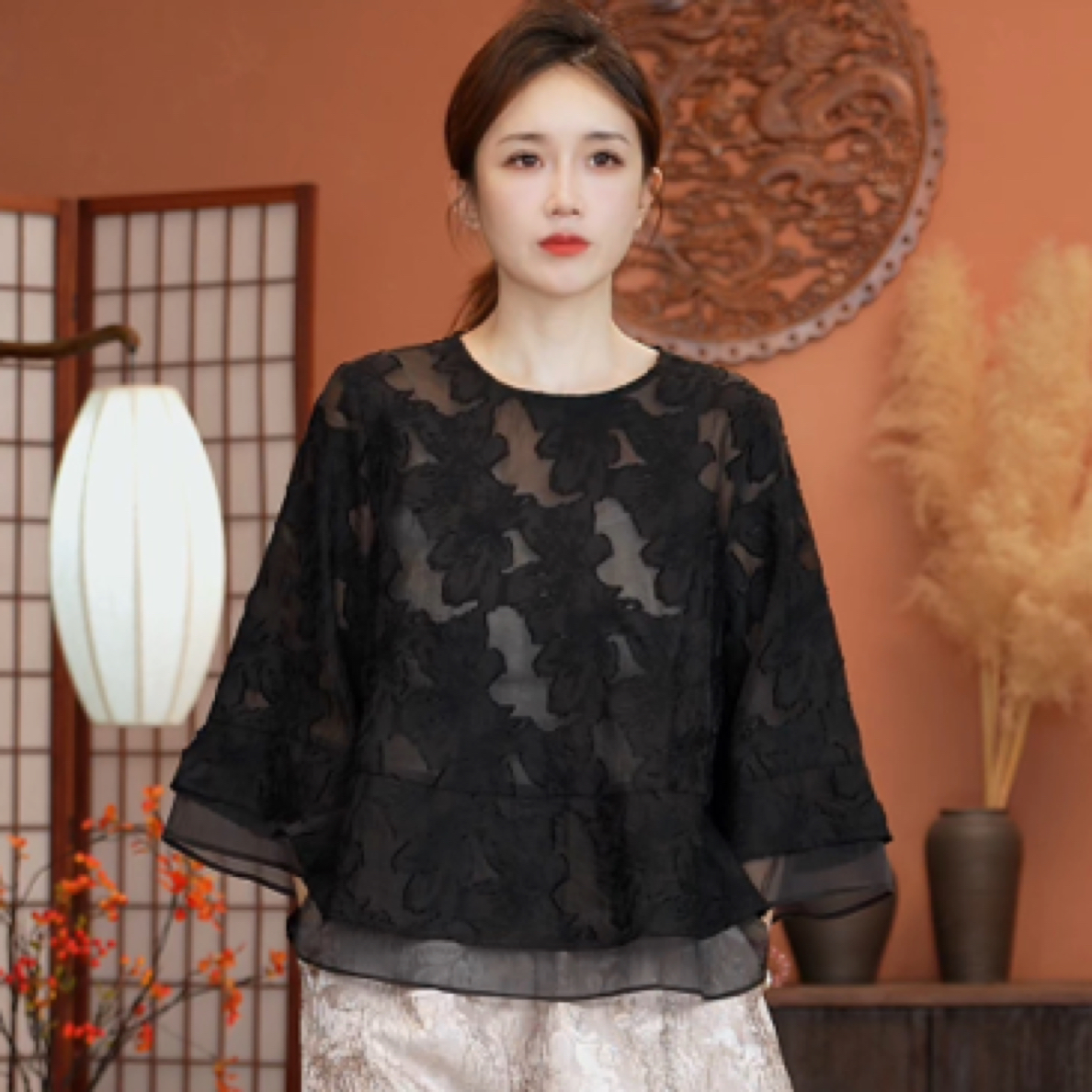 【静哚】提花上衣新中式气质圆领设计款高档时尚国风上衣宽松百搭