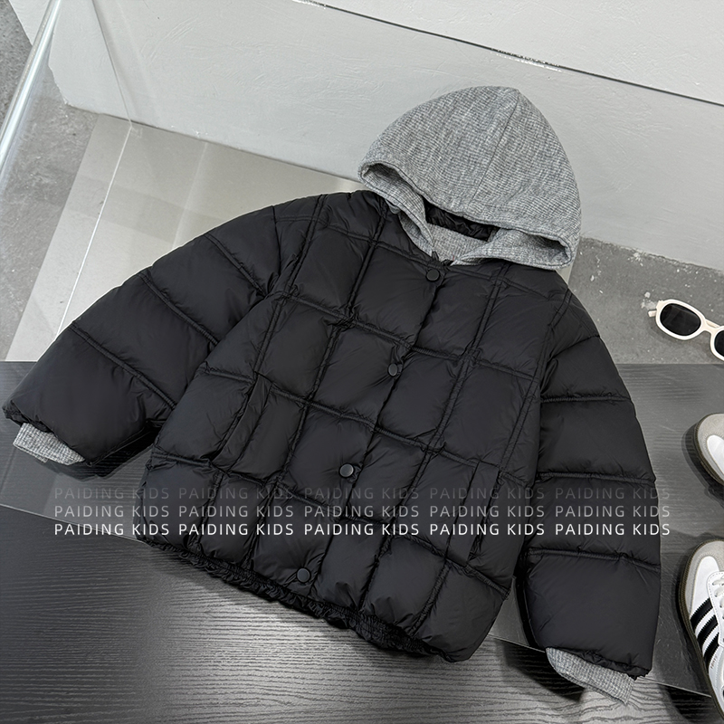 冬装儿童韩版时尚方格纹撞色针织帽拼接保暖厚款棉服SJ6839-