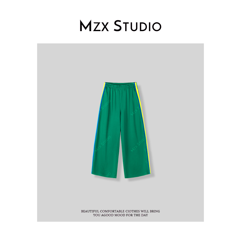 MZX 春夏撞色织带设计感运动休闲绿色直筒裤九分裤裤子KZ8121-F