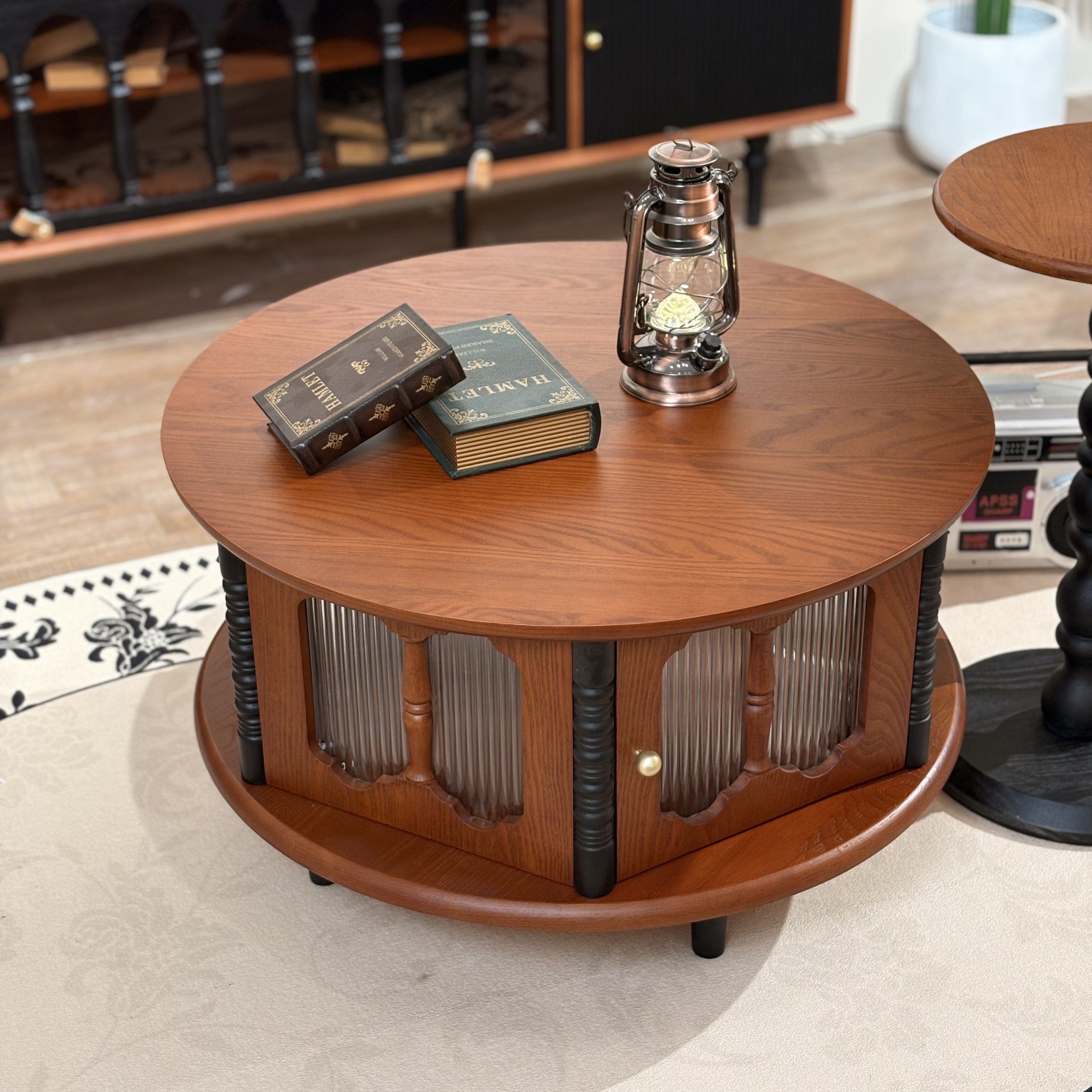 达尔茶几丨法式复古实木圆形茶几组合小户型中古家用长虹玻璃圆几