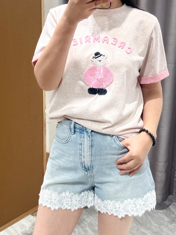 Kin.轻奢服饰新款欧货拼色圆领小熊破洞款短袖宽松T恤衫