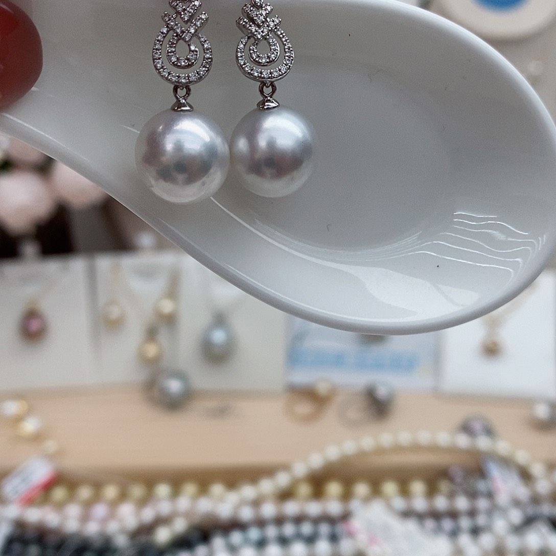 海水珍珠耳饰18K金镶嵌11-12海水澳白18K+钻