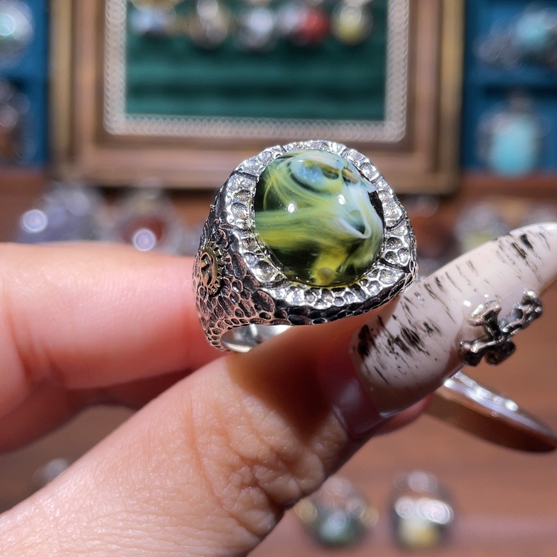 琥珀银S925镶嵌戒指