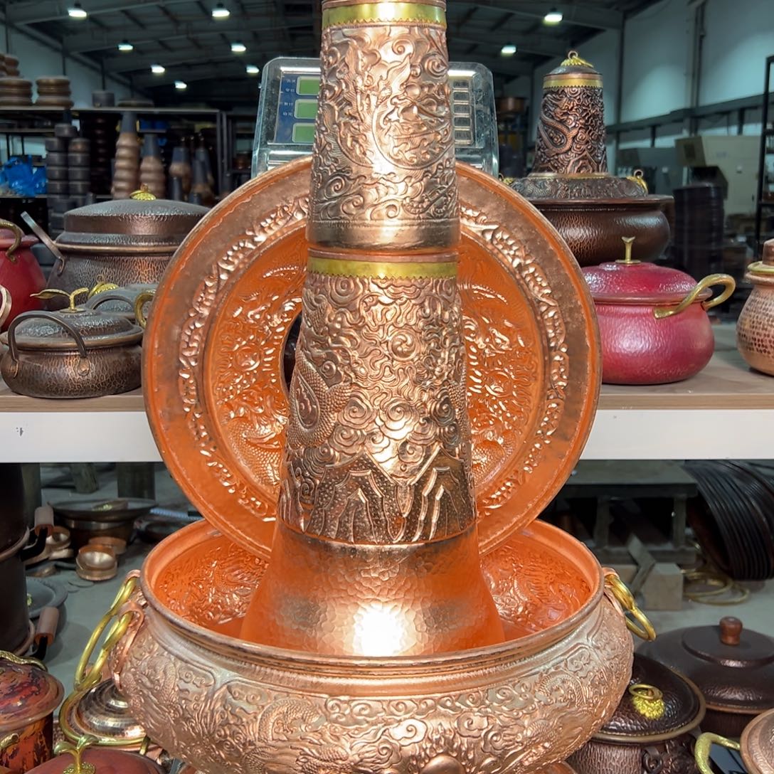 紫铜38cm龙凤木炭火锅清汤带把火铜