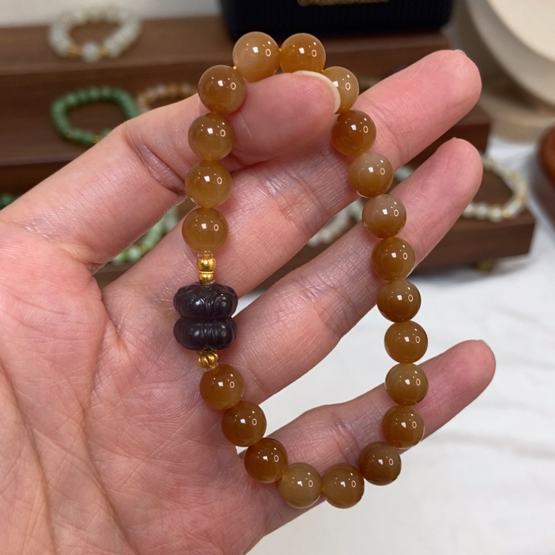 和田玉18K金镶嵌手链8mm糖白精品