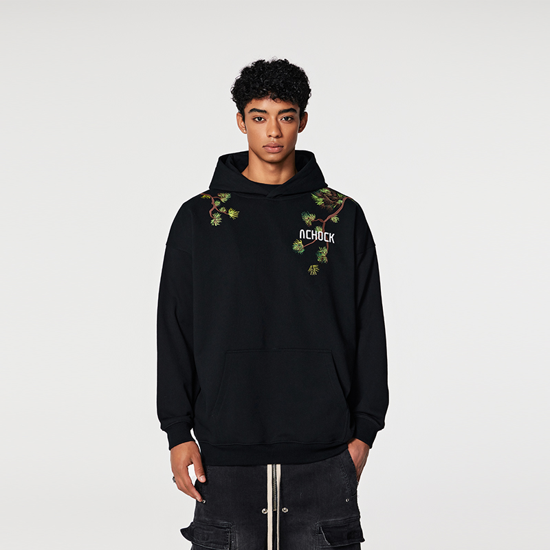 【Achock官方店】美式复古街头迎客松重磅刺绣卫衣男国潮宽松连帽