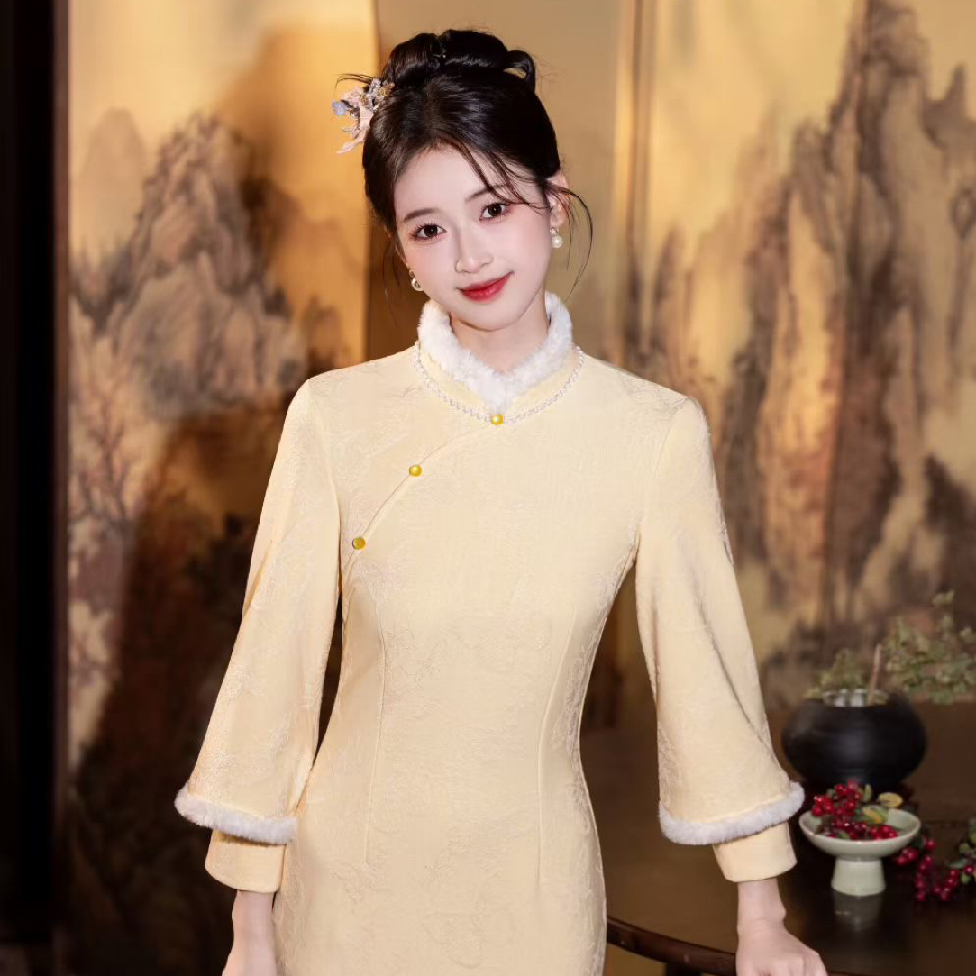 「飞黄腾达」冬款提花双袖低开衩新中式旗袍秋冬时尚加绒