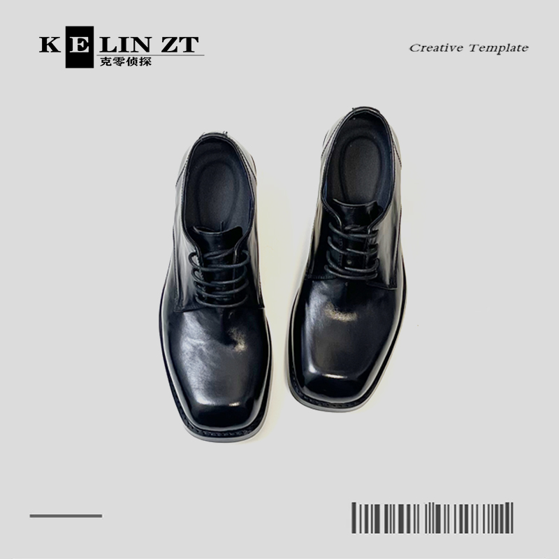 KLINZT头层牛皮方头德比鞋德比鞋黑色水洗通勤皮鞋男真皮系带男士