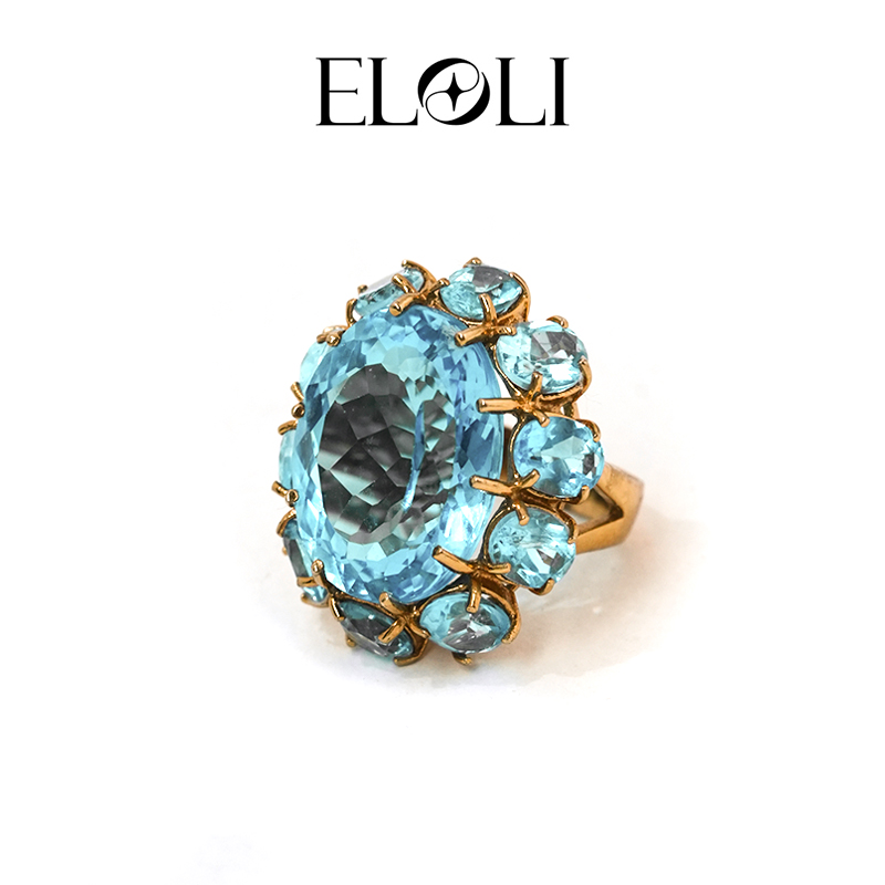 Eloli22K镀金蓝色宝石戒指R3193BT 925银