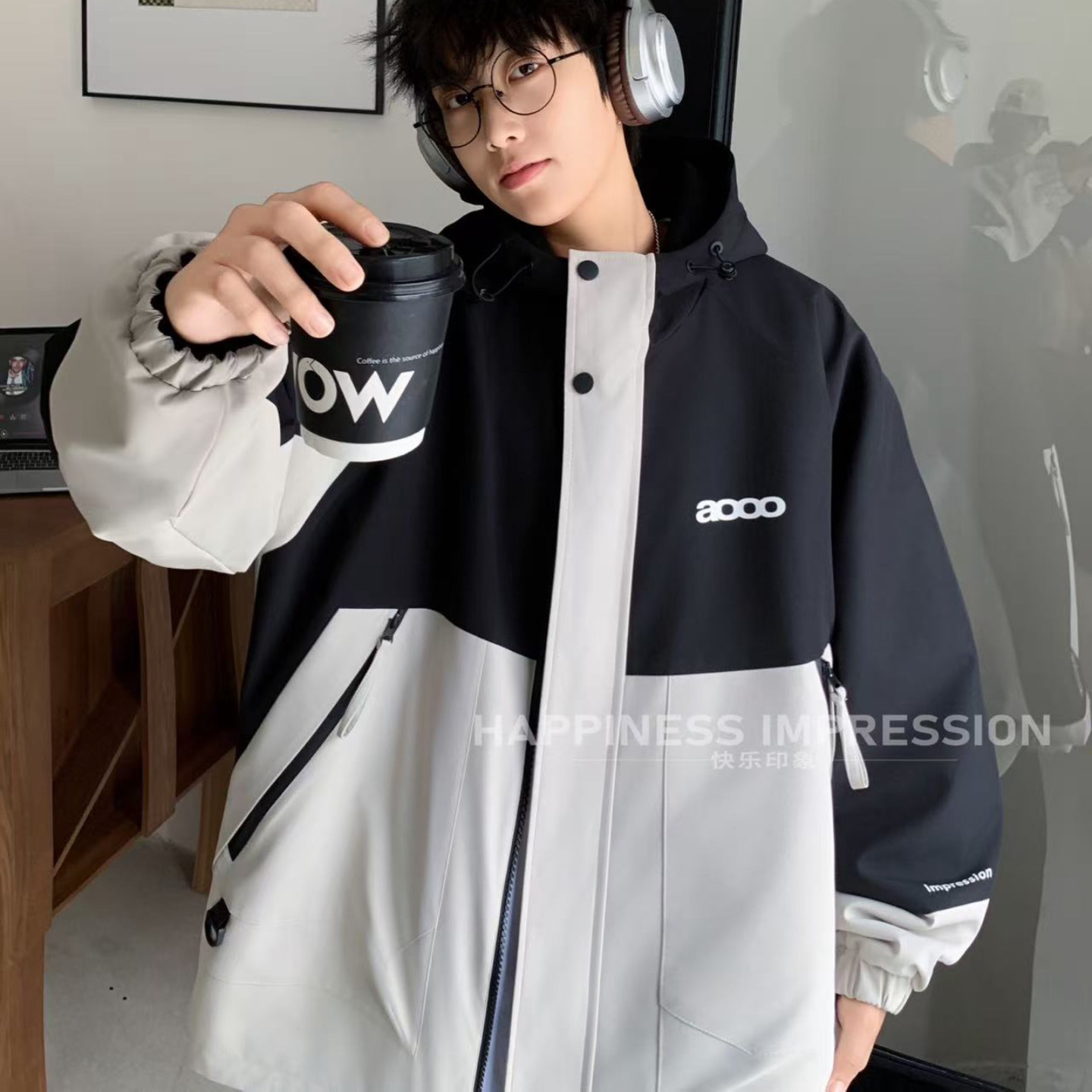 快乐家加绒保暖防泼水宽松运动风衣秋冬新款两面穿