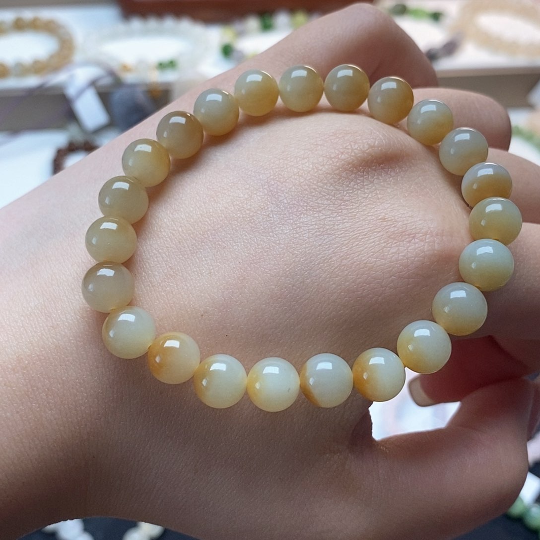 和田玉手链未镶嵌且末糖白聚宝盆8mm手串