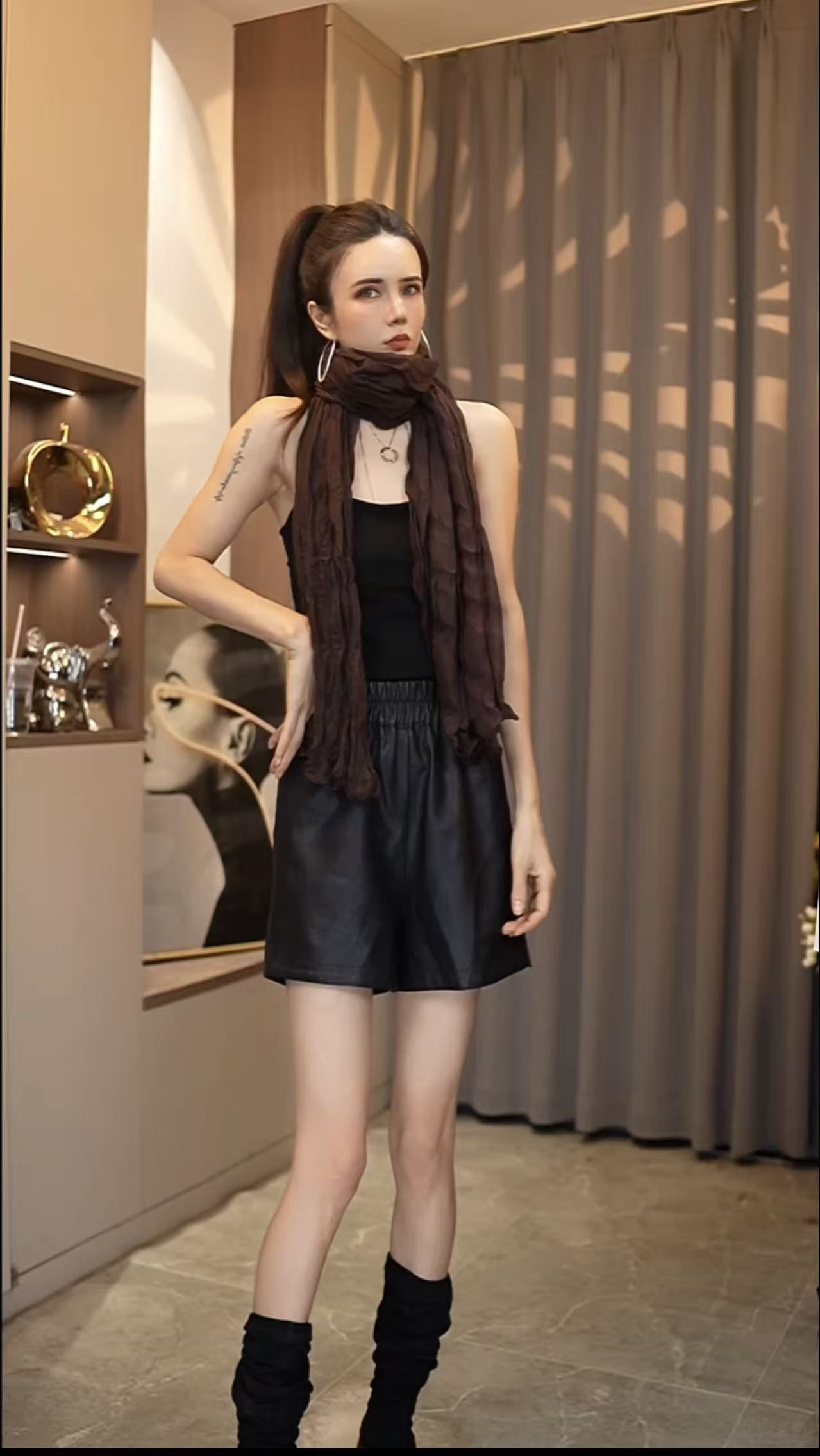 秋冬新款百搭褶皱复古质感围巾