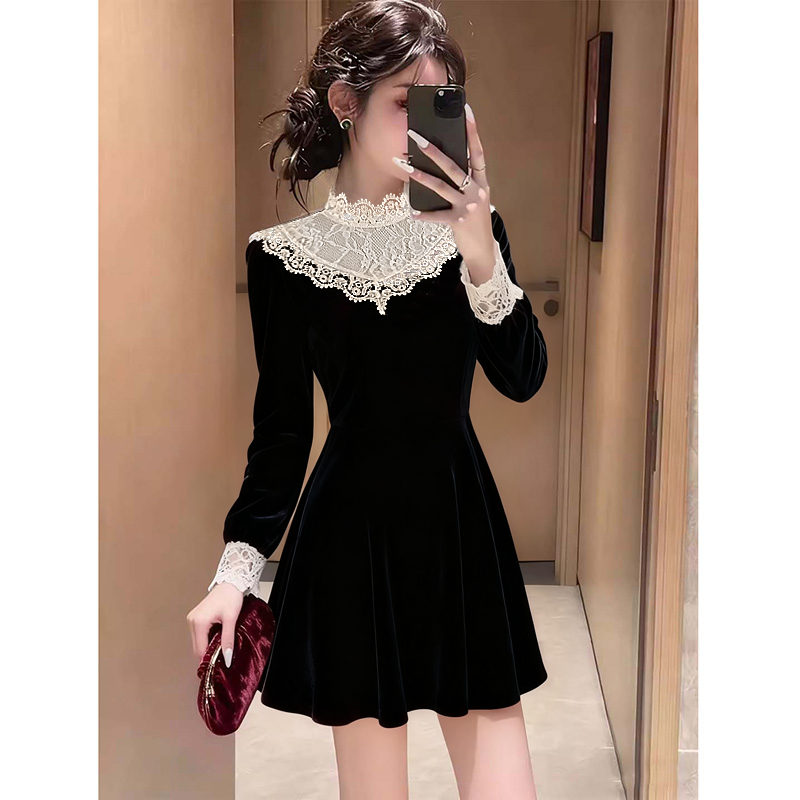 【V】新款复古连衣裙女蕾丝领长袖高级感名媛风气质裙子QJ0279
