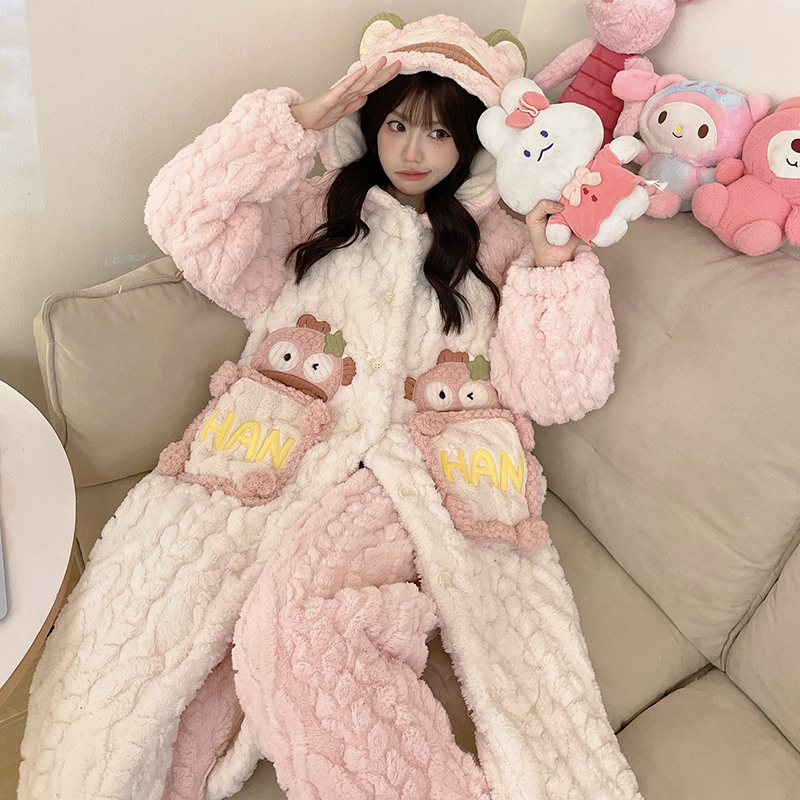冬季睡袍女法兰绒晚小丑鱼珊瑚绒睡衣女加绒加厚家居服套装可外穿