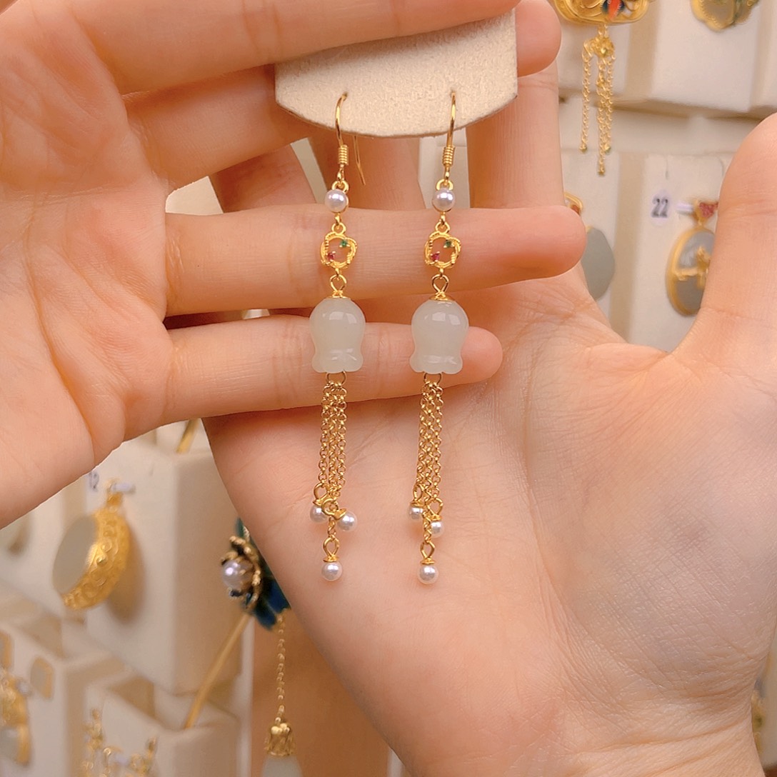 和田玉耳饰银S925镀金镶嵌