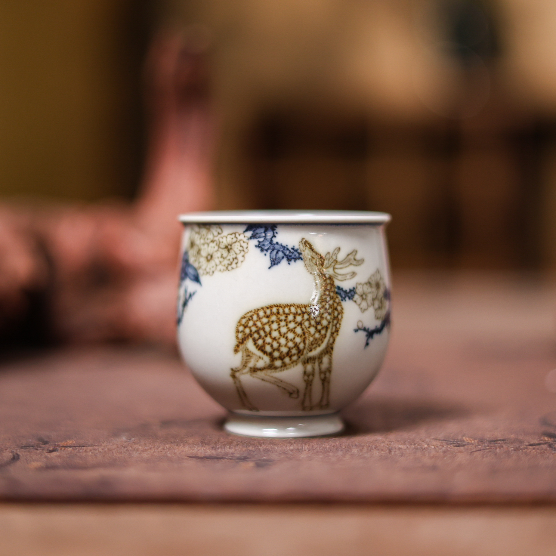 【九姐爱喝茶】立勤堂青花釉里金梅花鹿高升罗汉杯（YLJ-B-014）