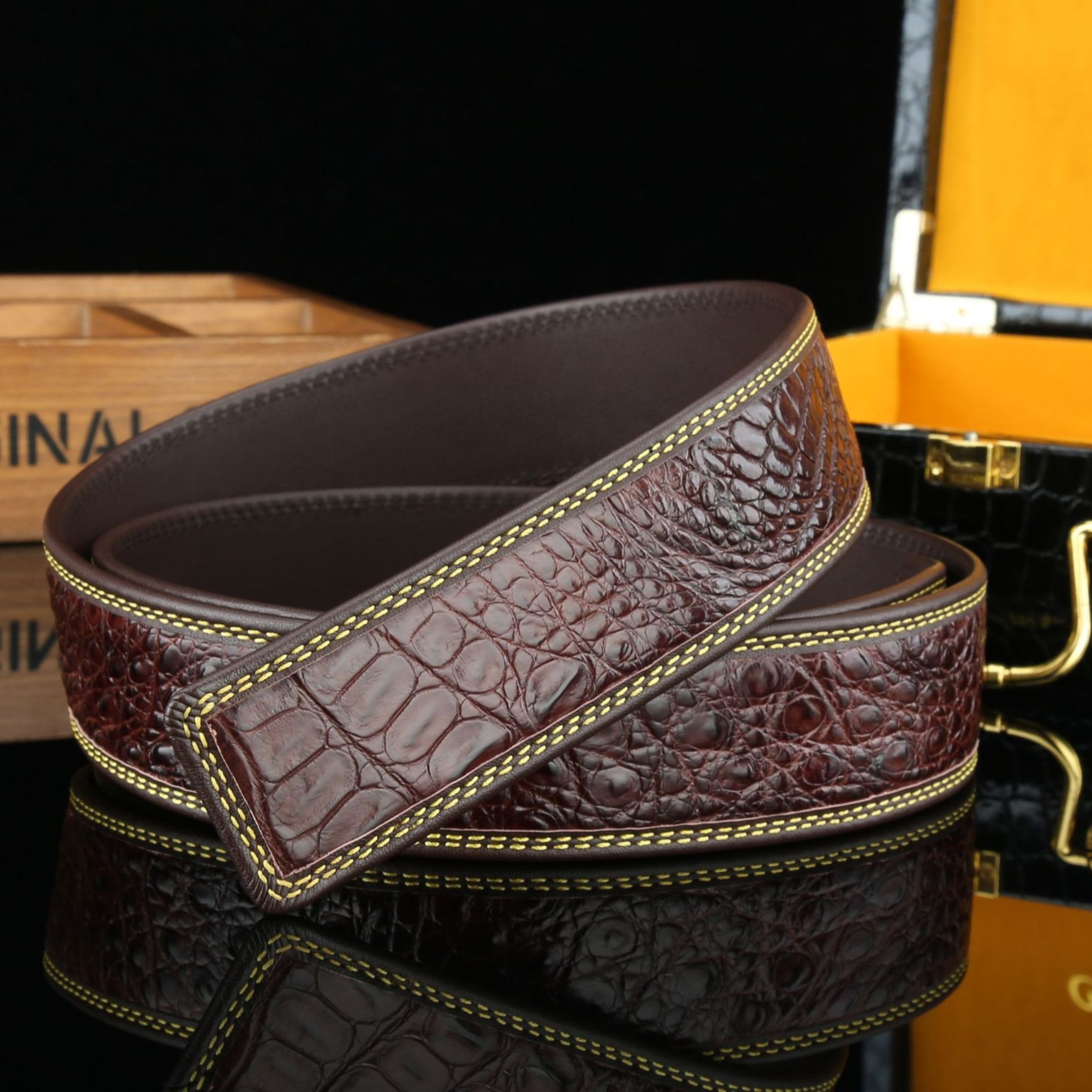 高档金边真鳄鱼皮肚皮腰带带身男士皮带休闲百搭商务裤带3.8cm宽