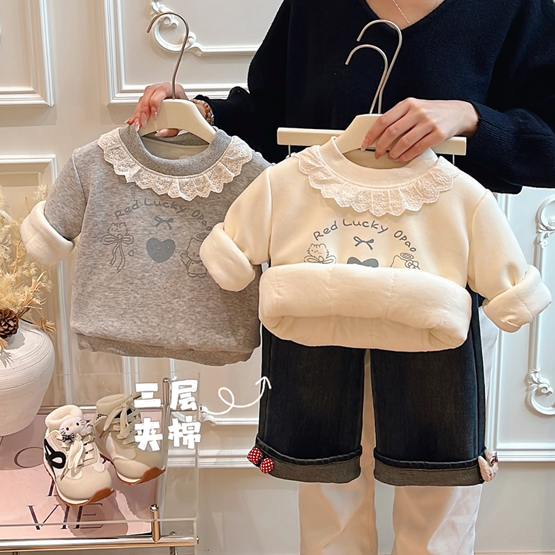 秋冬款女童潮款三层夹棉加厚棉衣女宝宝卫衣长袖上衣儿童衣服童装