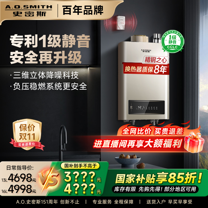 【专利1级静音】AO史密斯恒温大水量家用精钢天然气燃气热水器TEW