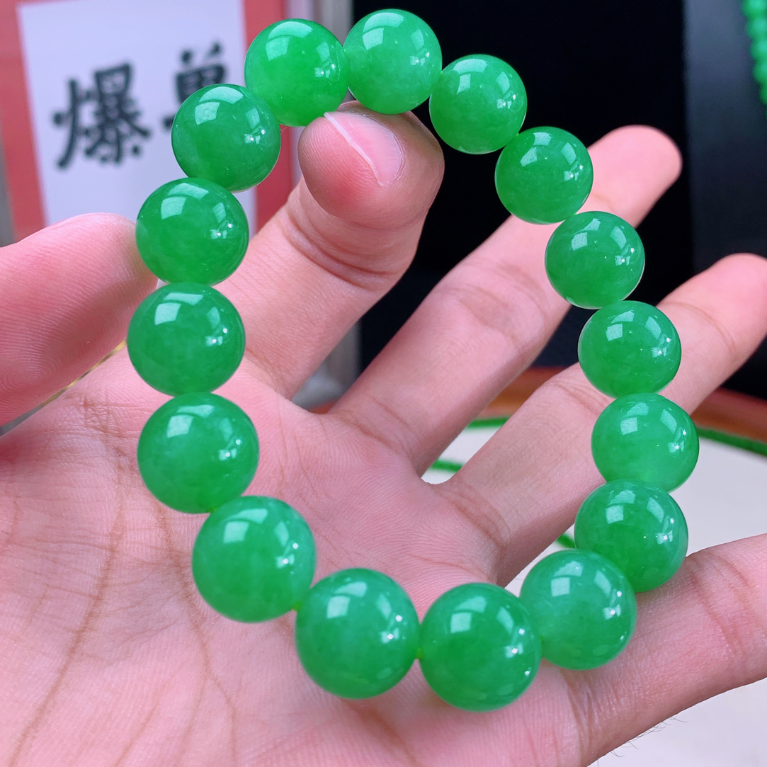 有种有色｜四会源头缅甸天然翡翠A货高货冰透冰阳绿起胶满绿手串