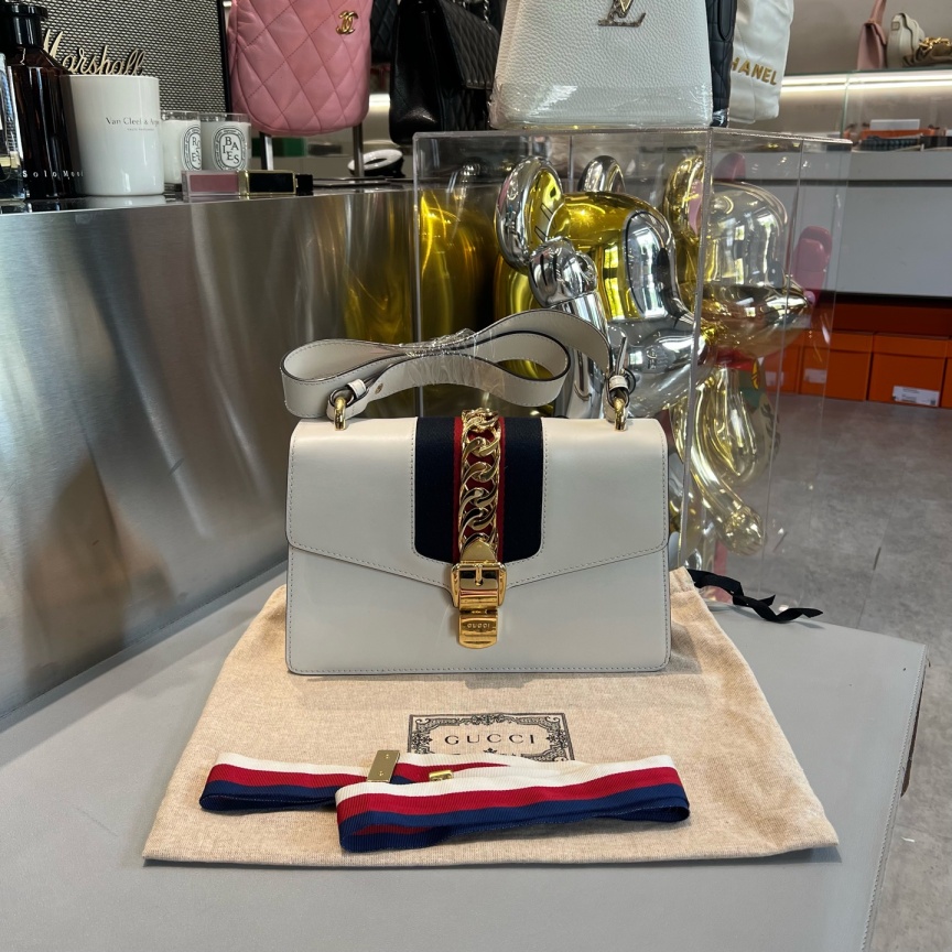 99新 GUCCI/古驰 塞尔维亚 白色金扣条纹织带罗缎 宽版肩带 中号