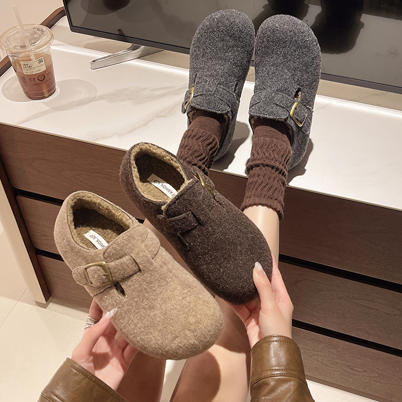 加绒内增高4公分软底软面毛呢圆头搭扣勃肯鞋冬季保暖增高棉鞋女